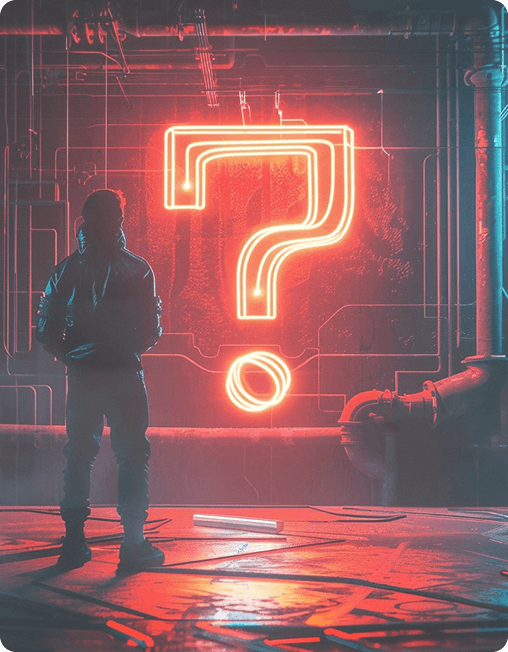 Neon question mark for SensePC gaming FAQ